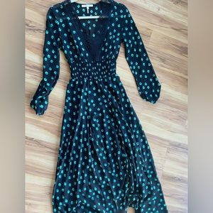 Sheer Maje midi dress with built in slip and asymmetrical hem